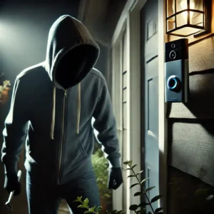 A thief in the night sneaking around a front door with a video doorbell, emphasizing the need for theft protection.